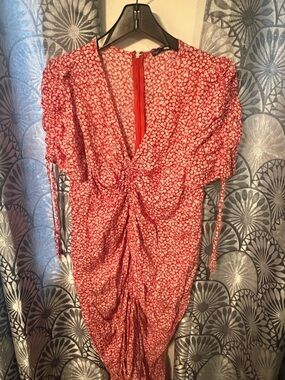 Fashion Nova Red Floral Ruched Midi Dress